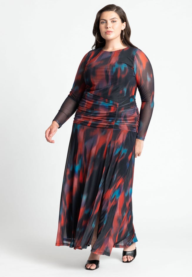 Printed Long Sleeve Mesh Dress With Slit image number null
