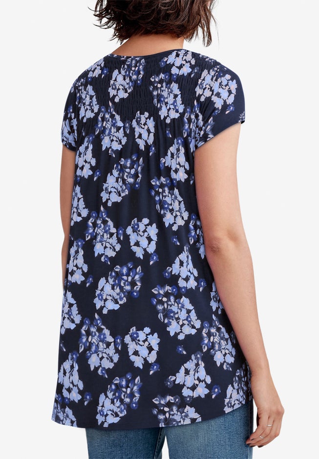 Stretch Jersey A-Line Cap Short Sleeve Smocked Tunic image number 1