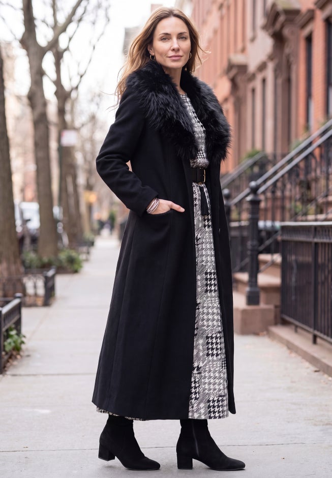 Long Wool-Blend Coat with Faux Fur Collar image number 1