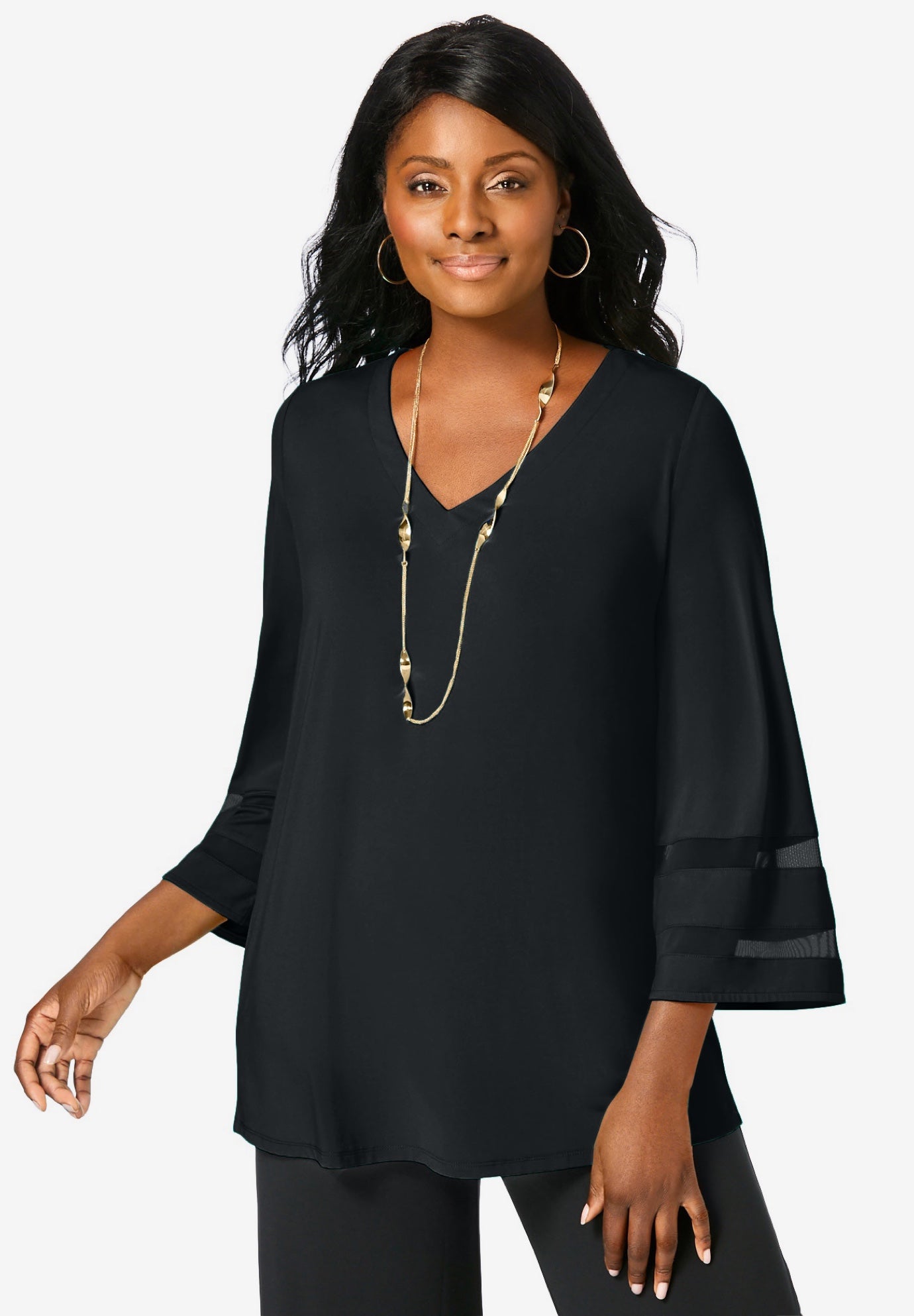 Stretch Knit Mesh Inset Sleeve Tunic image number 0