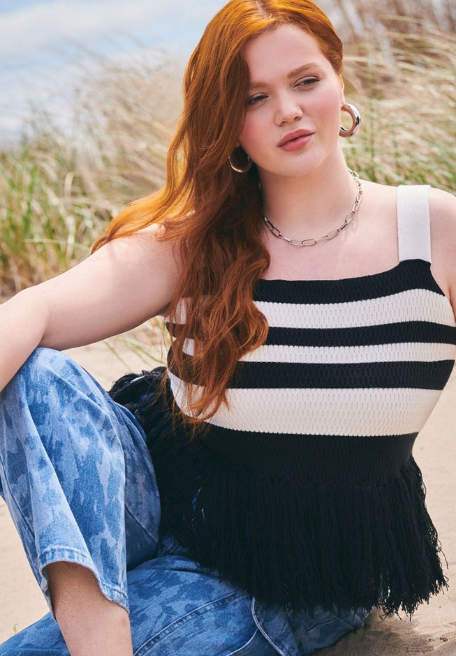 Striped Knitted Fringe Hem Tank image number null
