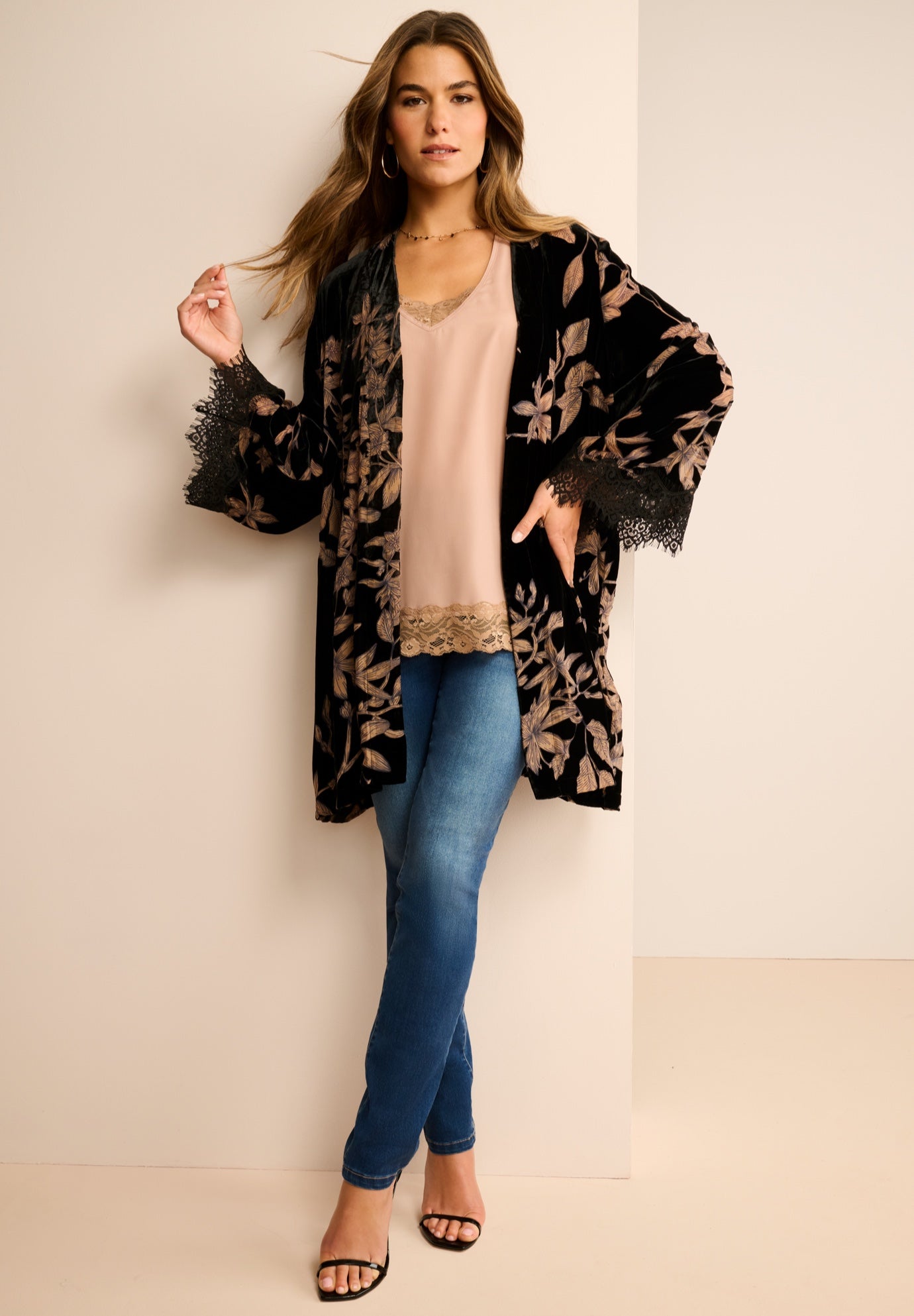 Plus Size Velour Embroidered Kimono image number 0
