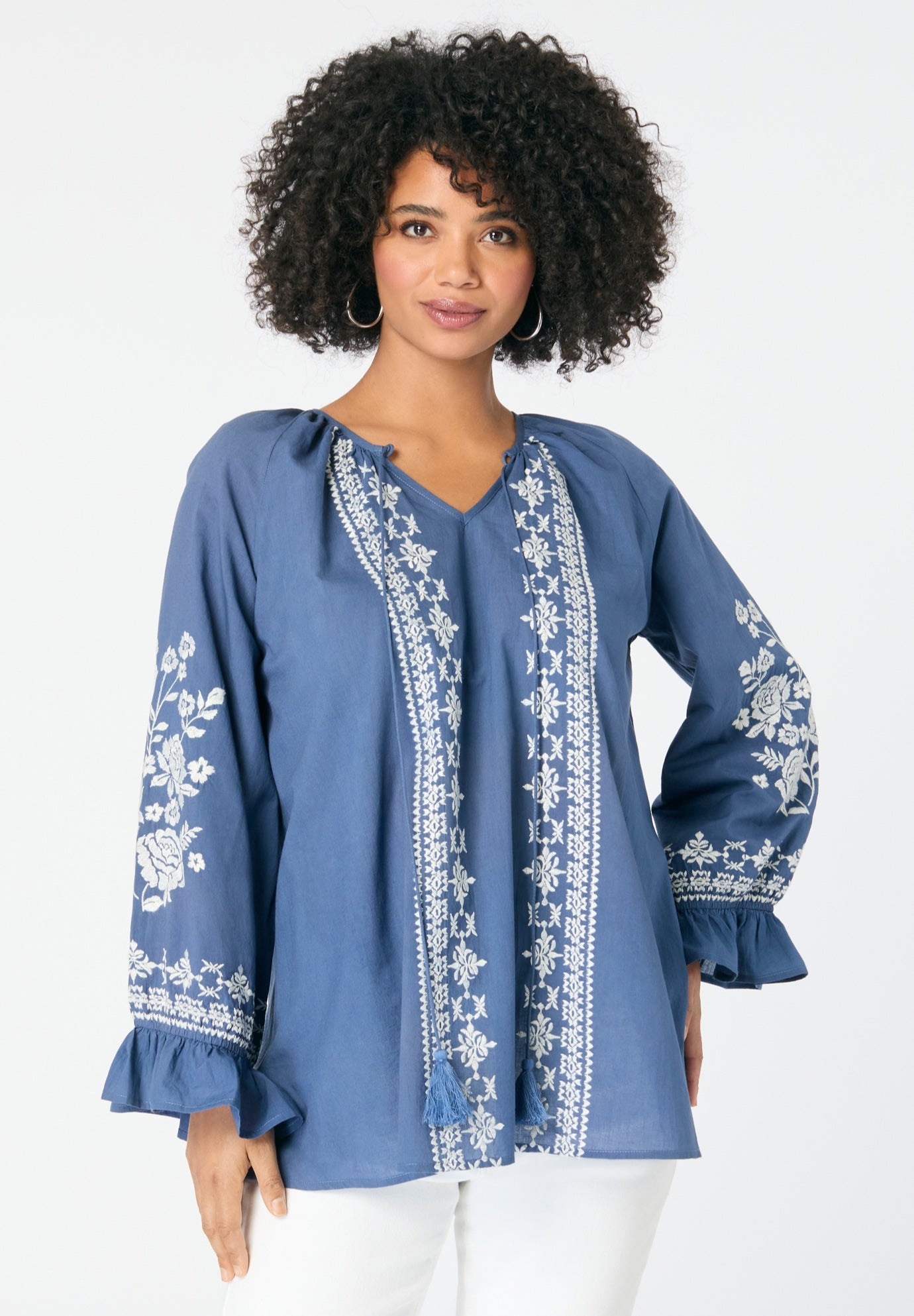 Tasseled Long-Sleeve Blouson Top image number 0