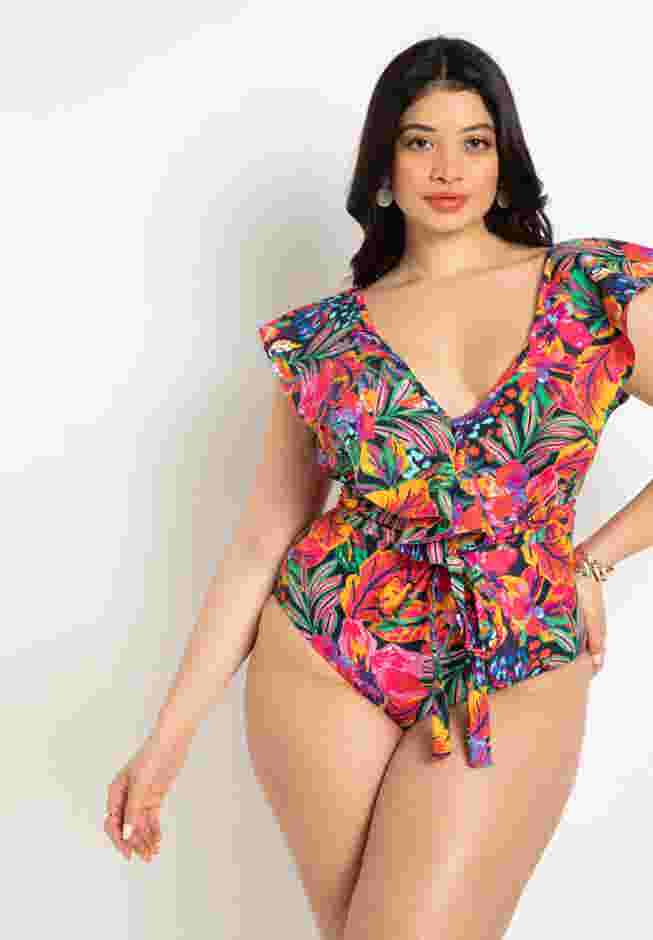 Ruffle Shoulder One Piece Swimsuit With Belt image number 1