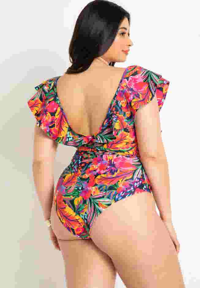 Ruffle Shoulder One Piece Swimsuit With Belt image number 2