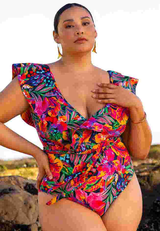Ruffle Shoulder One Piece Swimsuit With Belt image number 0