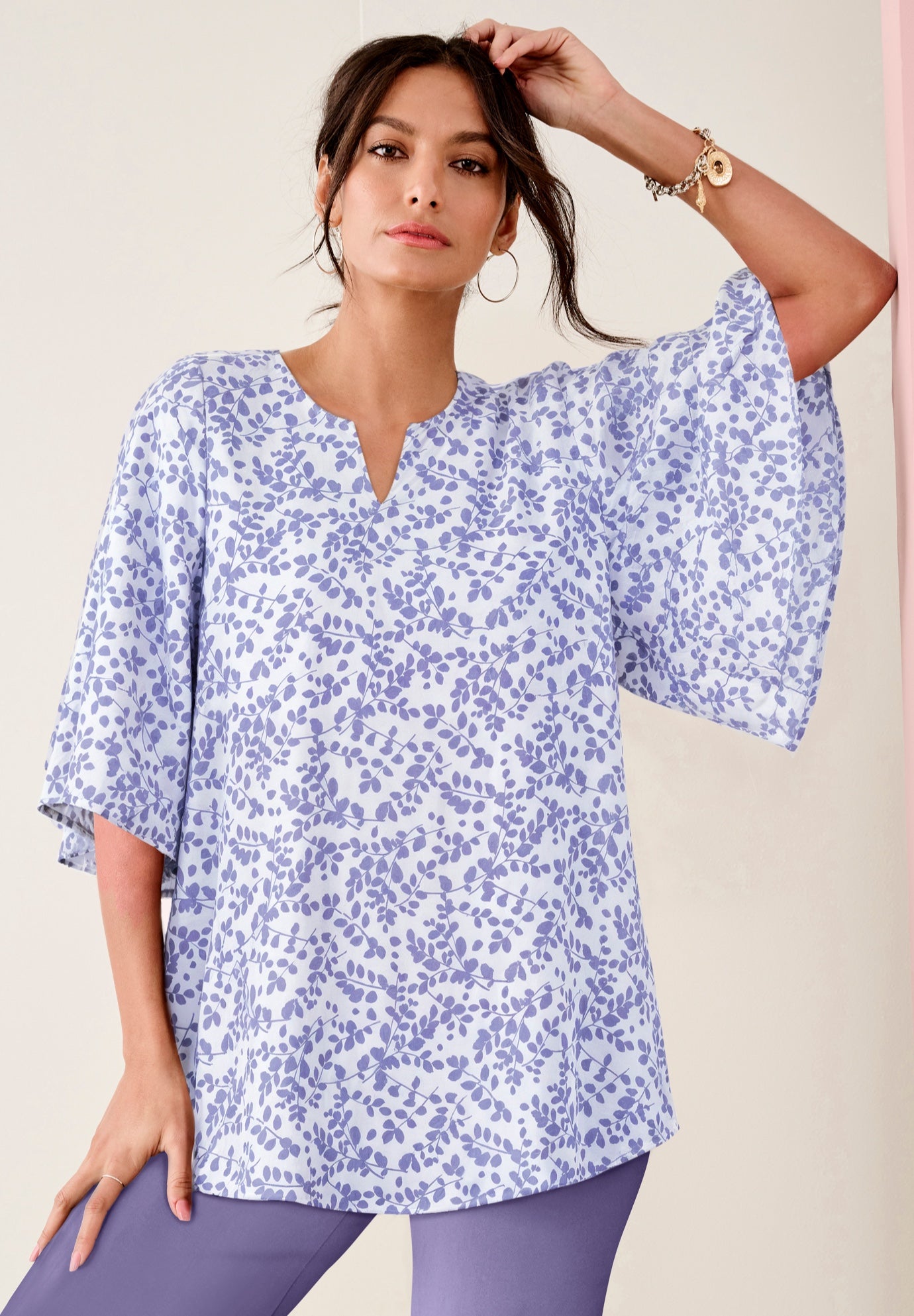 Notch-Neck Flutter-Sleeve Blouse image number 0
