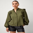 Ruffle Shoulder Blouse with Flat Pom Pom Trim image number null
