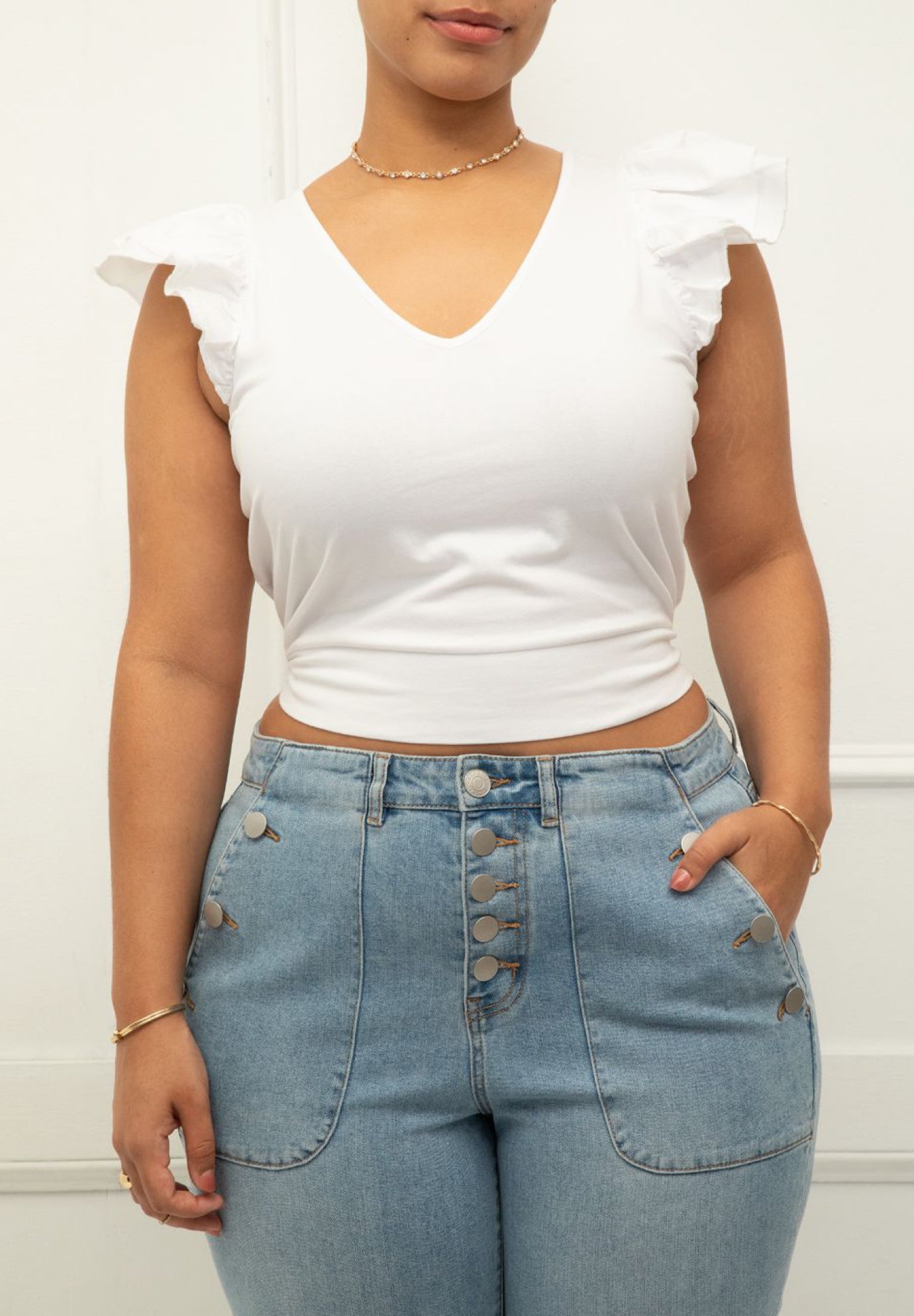 ELOQUII Elements Knit Flutter Sleeve Tie Back Crop Top image number 0