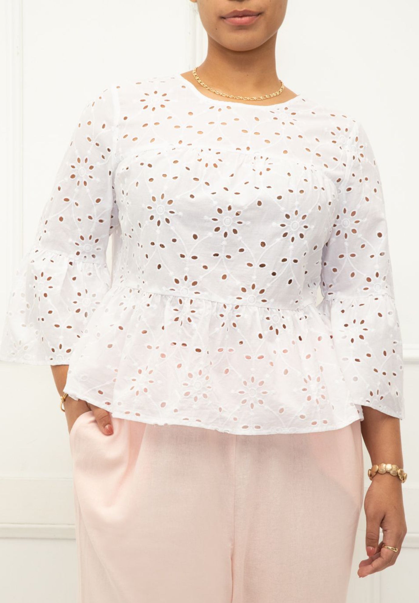 ELOQUII Elements Eyelet Peplum Top image number 1