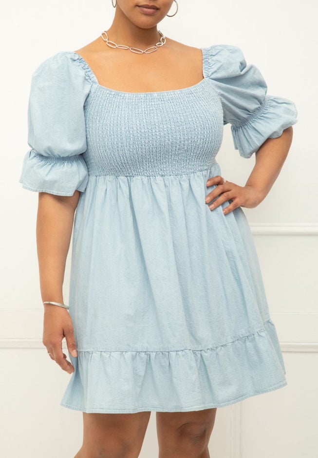 ELOQUII Elements Chambray Puff Sleeve Smocked Bodice Dress image number 1