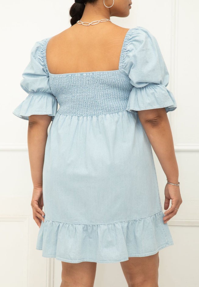 ELOQUII Elements Chambray Puff Sleeve Smocked Bodice Dress image number 2