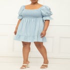 ELOQUII Elements Chambray Puff Sleeve Smocked Bodice Dress image number null