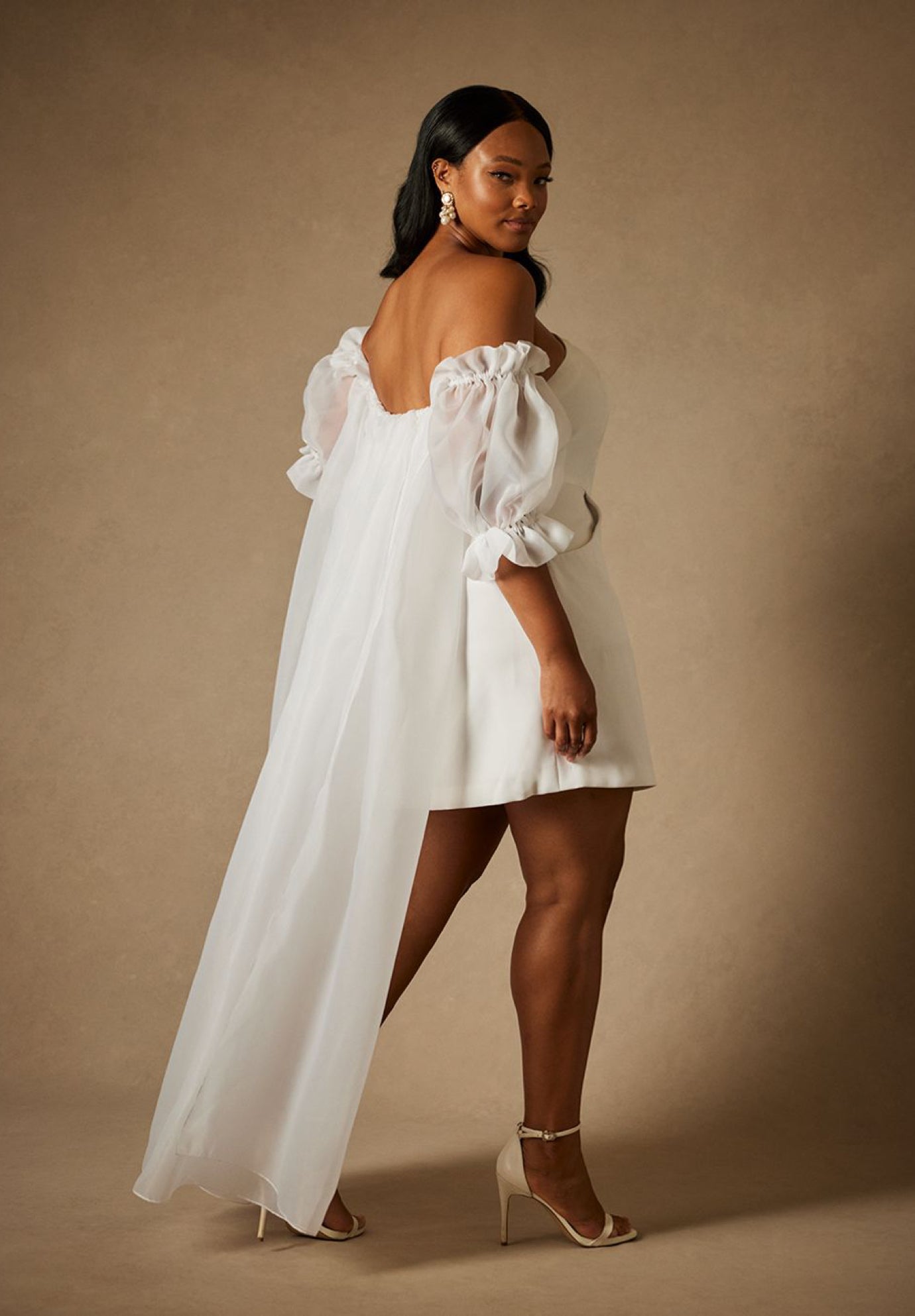 Bridal by ELOQUII Mini Dress With Puff Sleeve Cape image number 2
