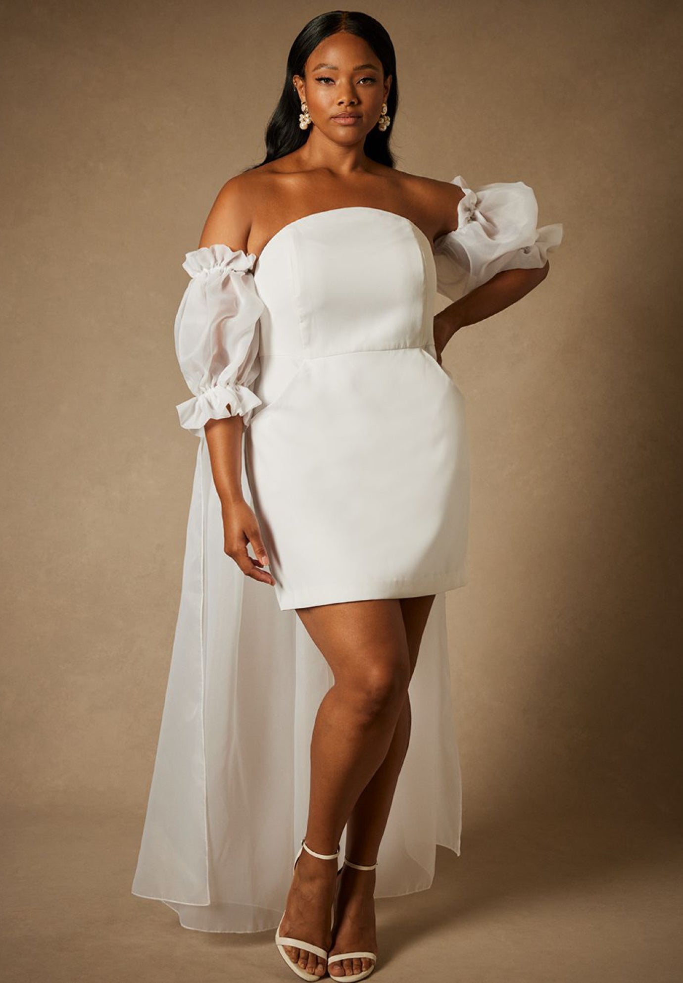 Bridal by ELOQUII Mini Dress With Puff Sleeve Cape image number 0