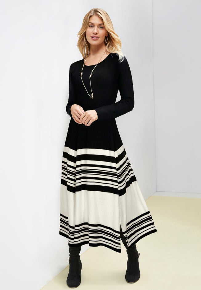 fit and flare sweater dress plus size Gabby Skye Women's Plus Size 3/4 Sleeve Fit and Flare Sweater Dress