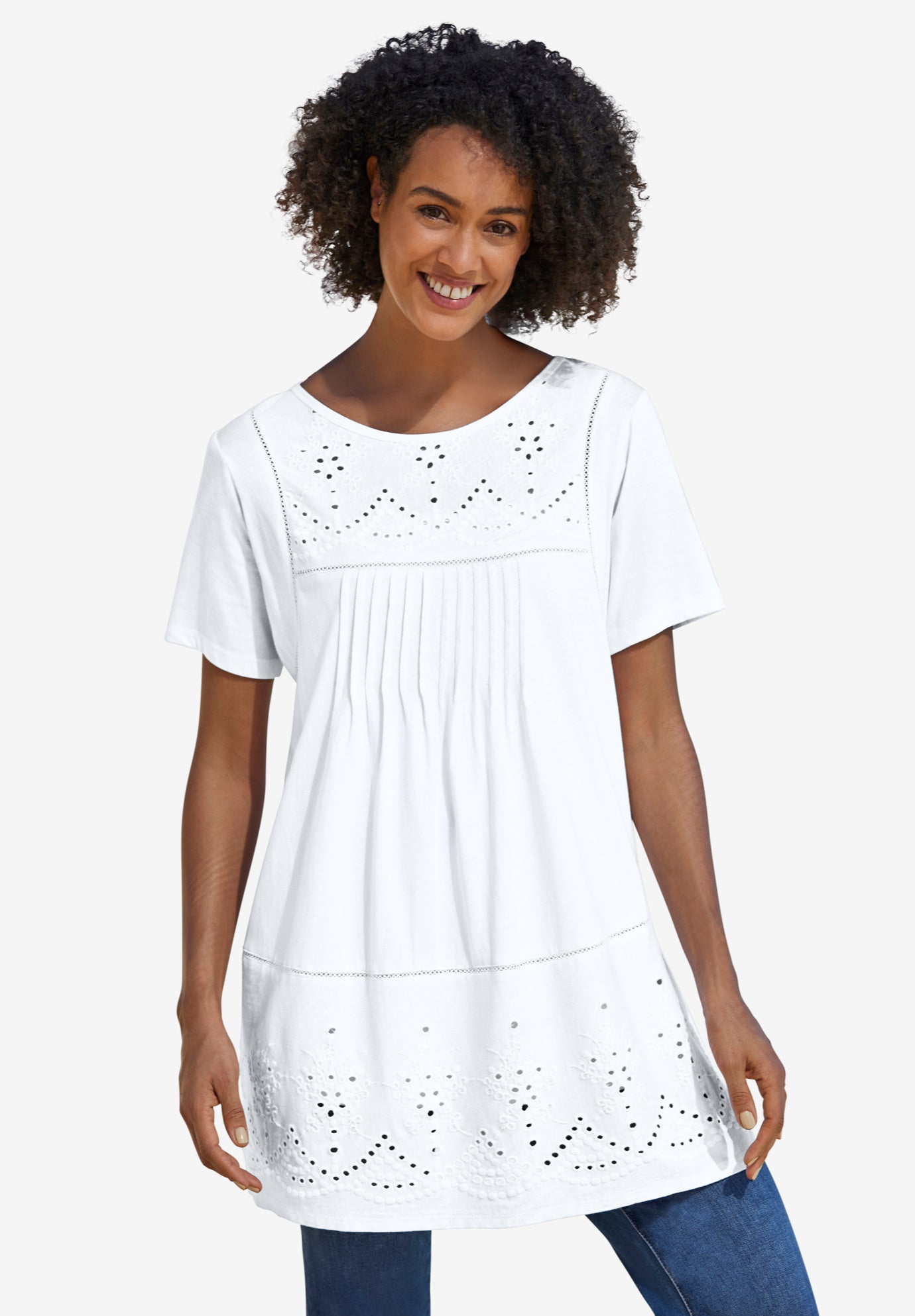 Embroidered Eyelet Pintucked Tunic image number 0