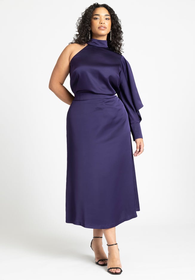 One Shoulder Satin Top With Draped Sleeve image number null