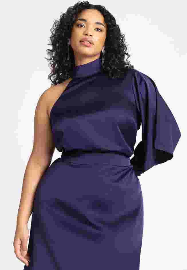 One Shoulder Satin Top With Draped Sleeve image number 0