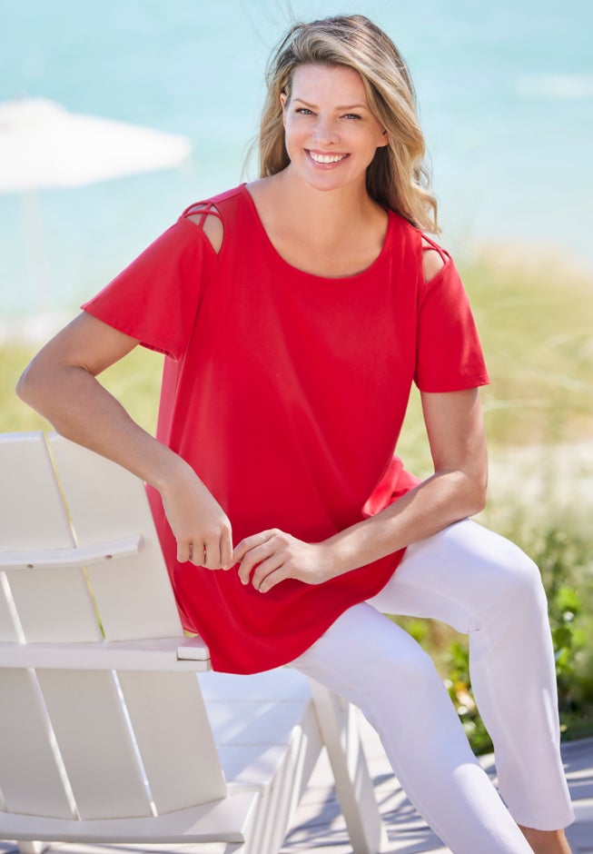 Lattice-Detail Cold-Shoulder Tee image number 5