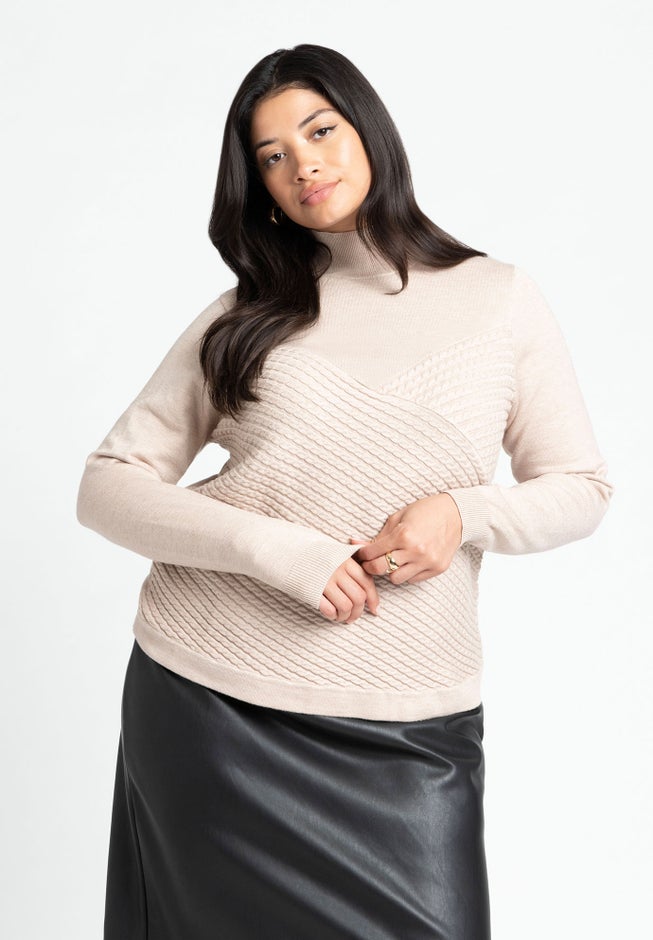 Diagonal Cable Knit Mock Neck Sweater image number null