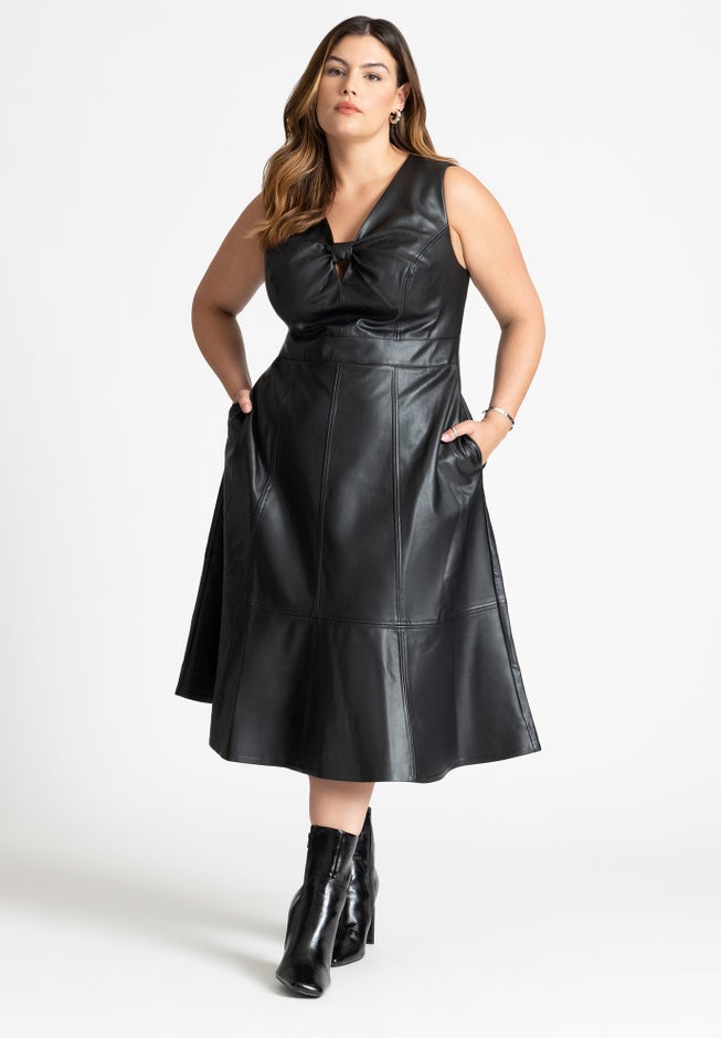 Faux Leather Knot Detail Flare Dress image number 1