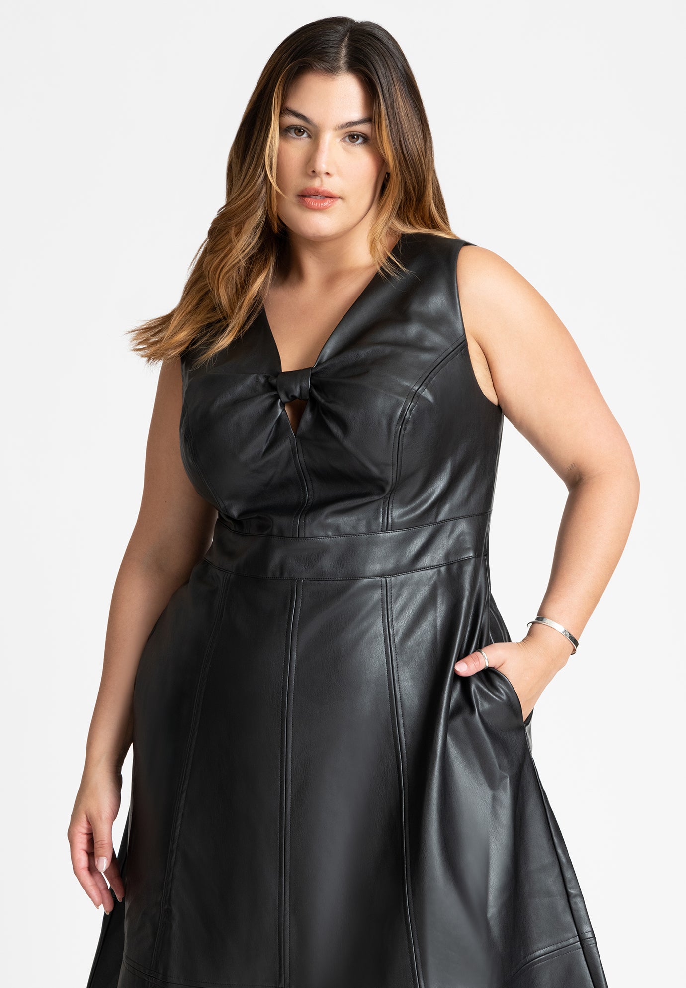 Faux Leather Knot Detail Flare Dress image number 3