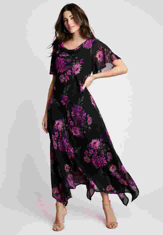 Plus Size Floral Sequin Flutter-Sleeve Gown – Handkerchief-Hem Maxi Dress image number 0