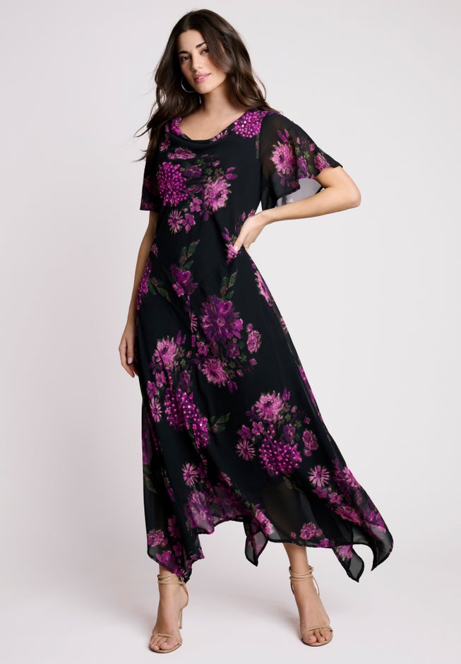 Plus Size Floral Sequin Flutter-Sleeve Gown – Handkerchief-Hem Maxi Dress image number 0