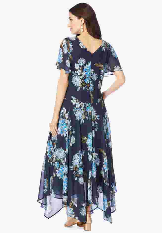 Plus Size Floral Sequin Flutter-Sleeve Gown – Handkerchief-Hem Maxi Dress image number 1