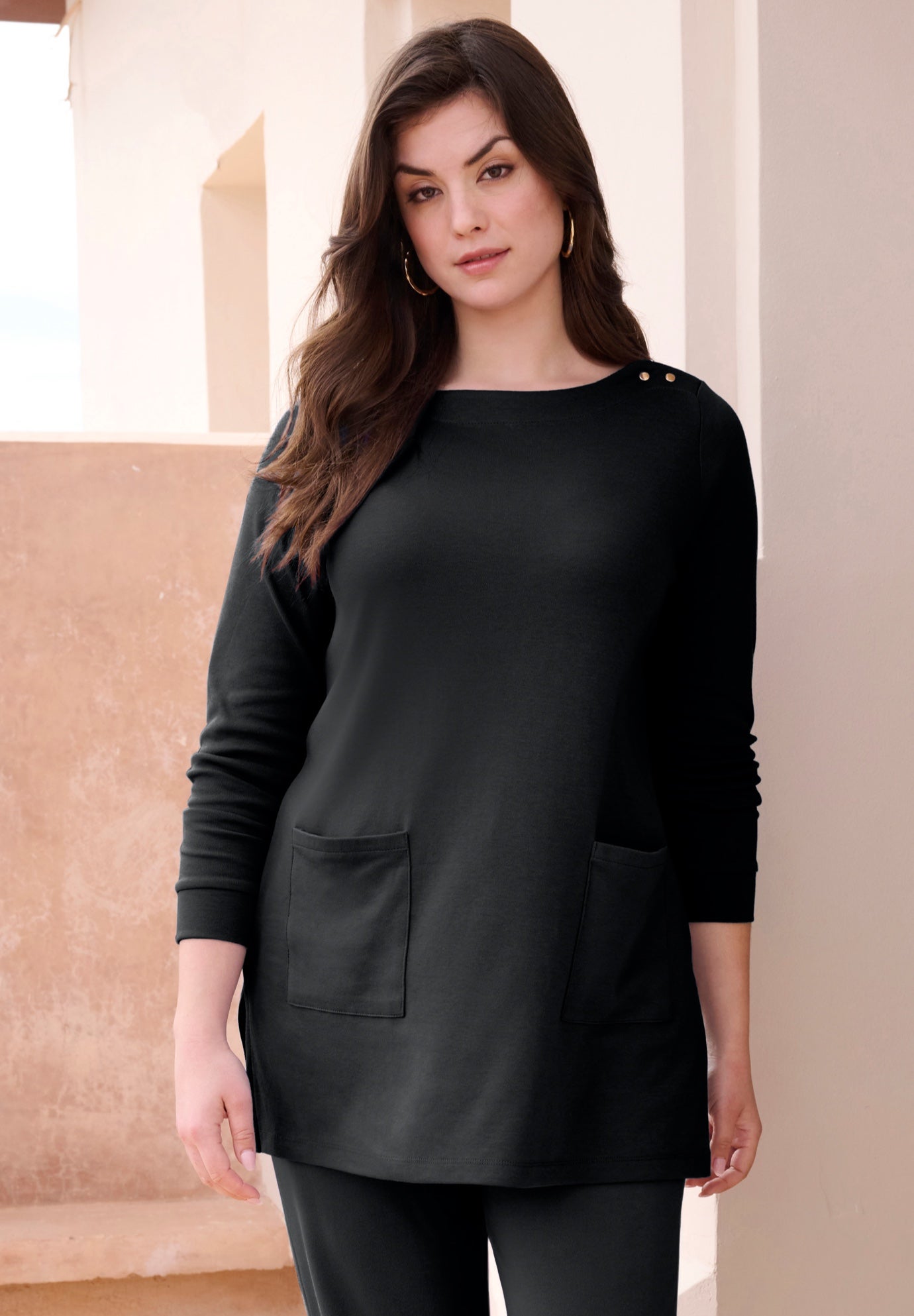 Snap Button Boatneck Soft Knit Tunic image number 0