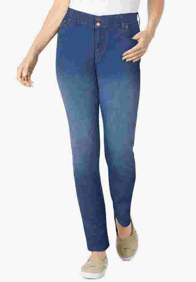 Womens Plus-Size Secret Solutions&trade; Tummy Smoothing Straight-Leg Stretch Denim Jeans image number 5