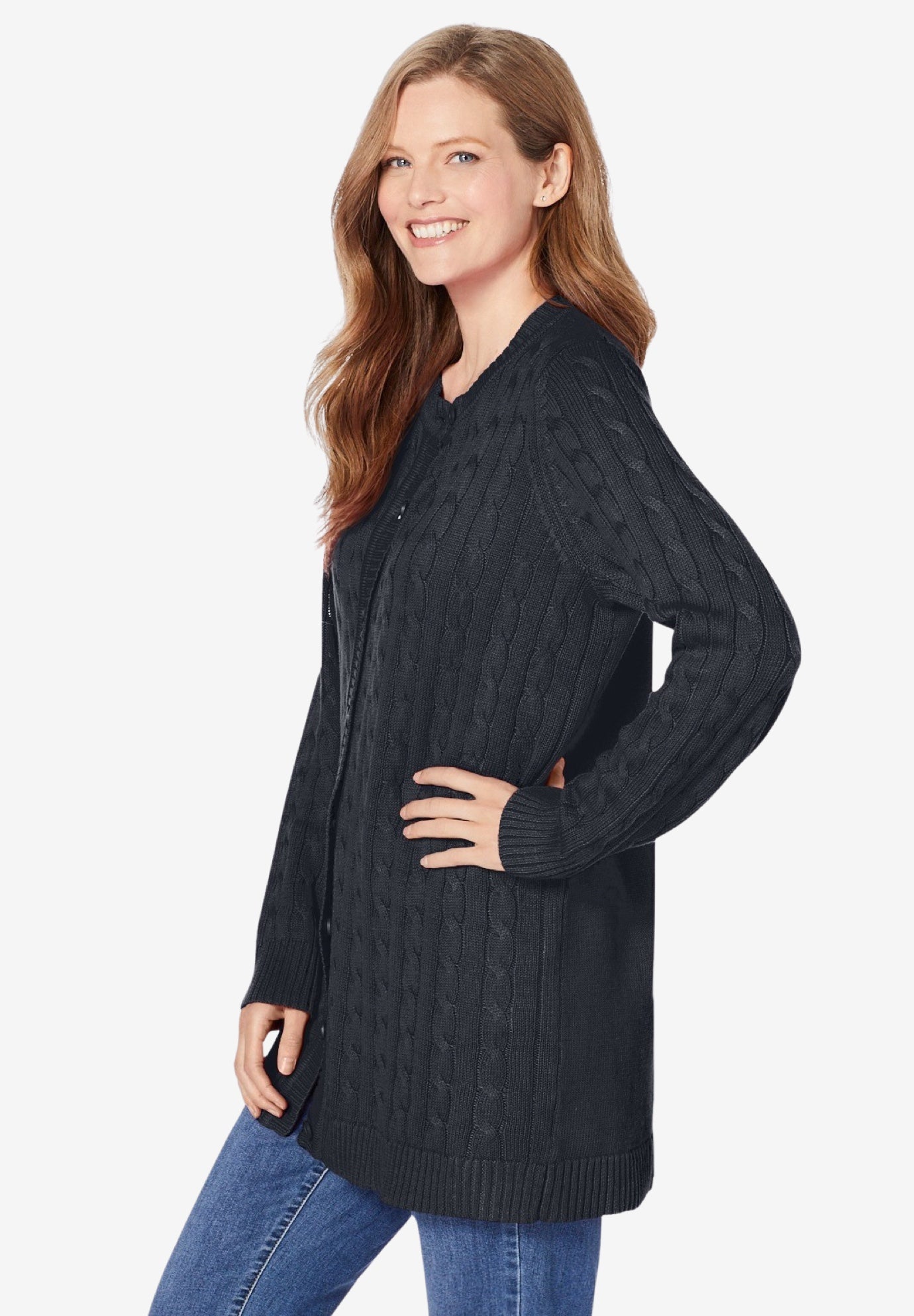 Cotton Cable Knit Cardigan Sweater image number 3