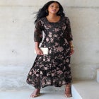Plus-Size Velvet 3/4 Sleeve Burnout Overlay Dress with Sheer Sleeves image number null