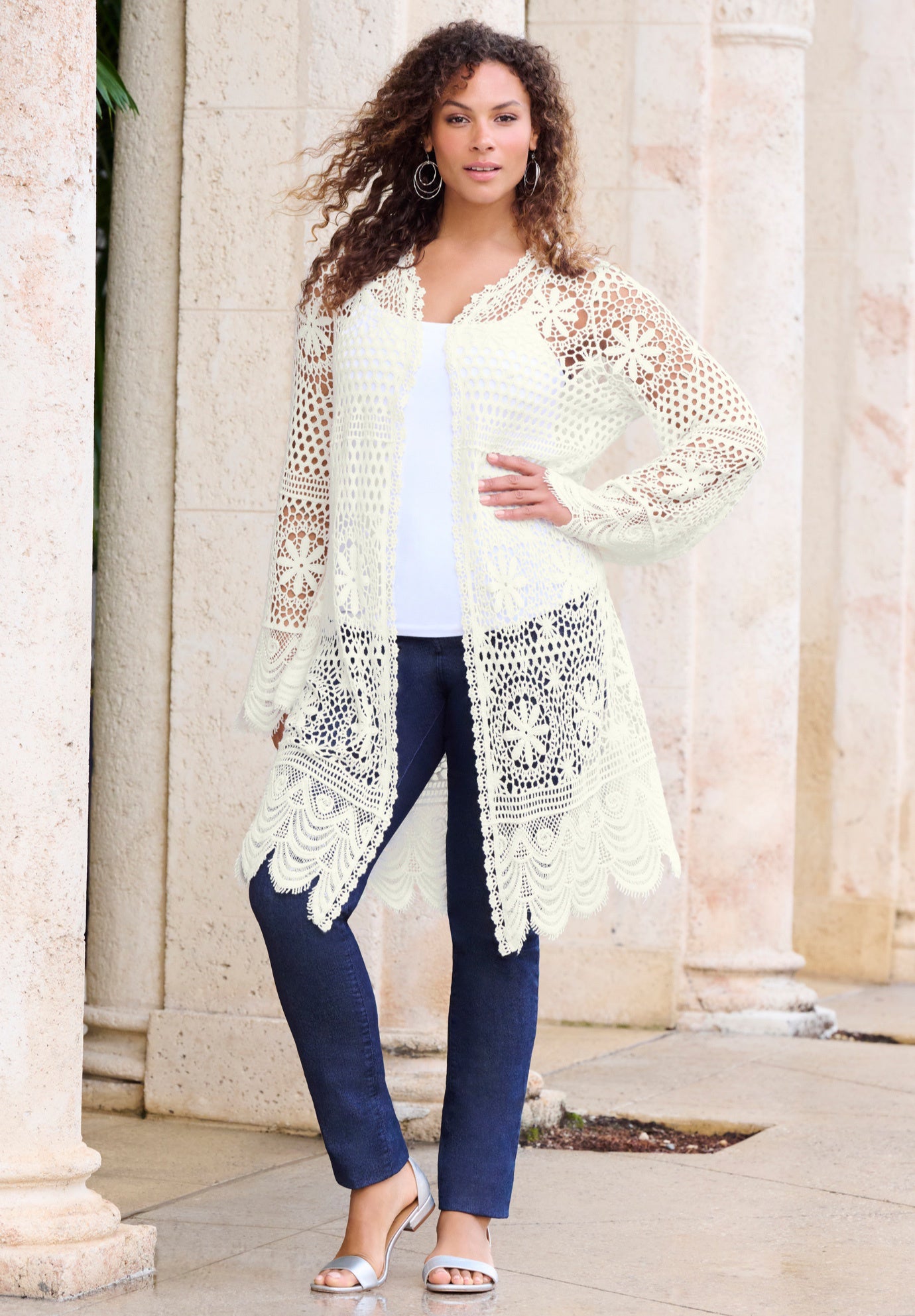 Plus Size Floral Lace Crochet Duster image number 0