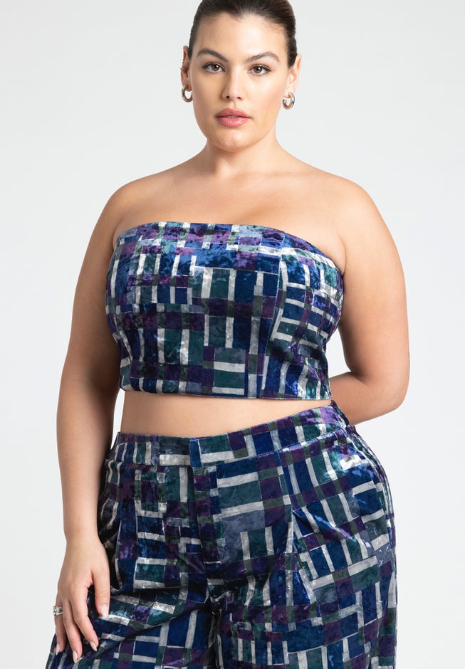 Printed Velvet Strapless Top image number null