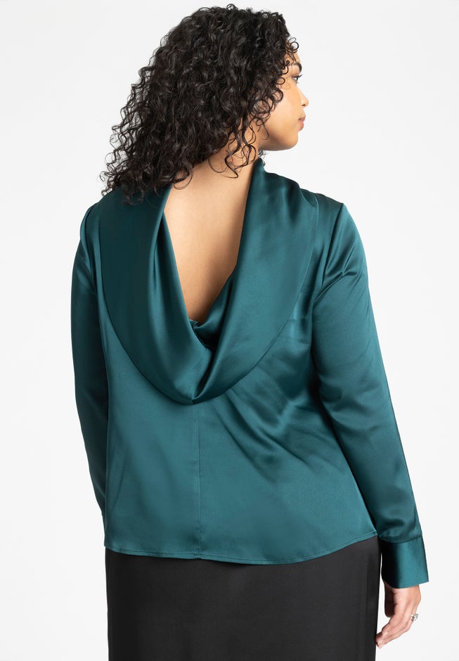 Strong Shoulder Draped Back Satin Blouse image number 1