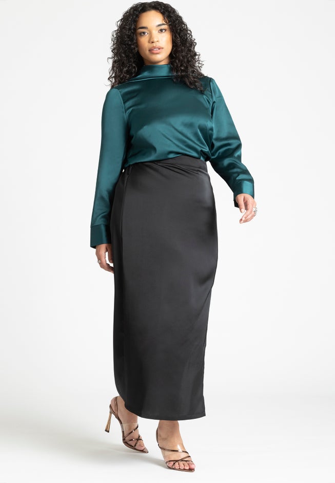 Strong Shoulder Draped Back Satin Blouse image number 2