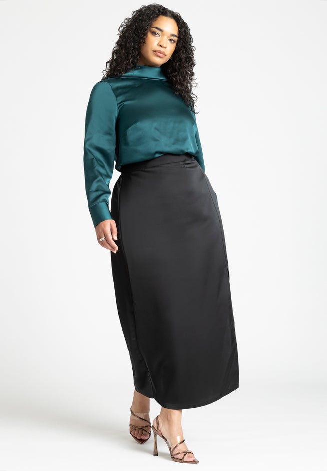 Strong Shoulder Draped Back Satin Blouse image number 3