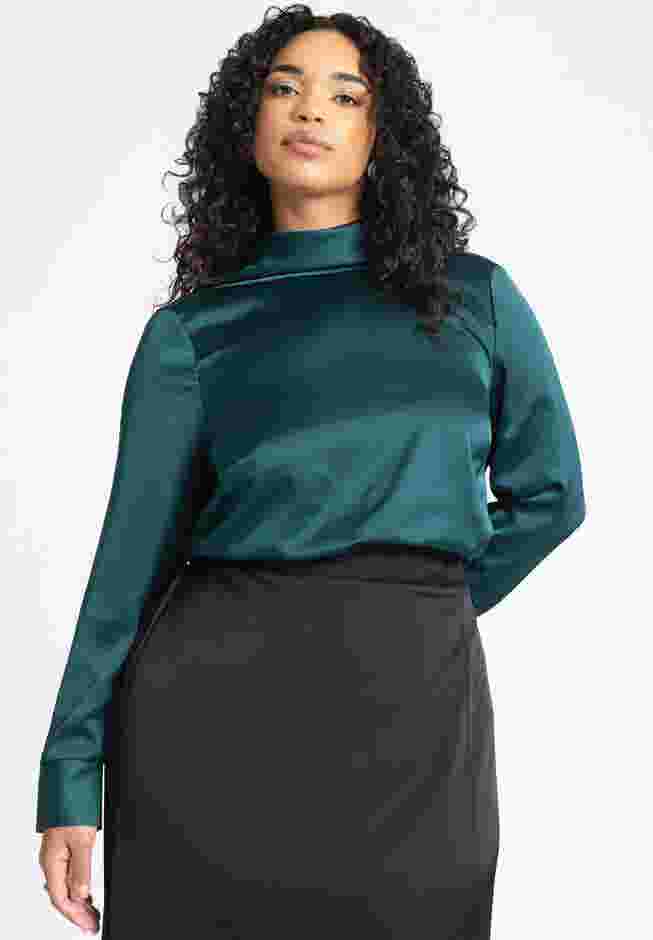 Strong Shoulder Draped Back Satin Blouse image number 0