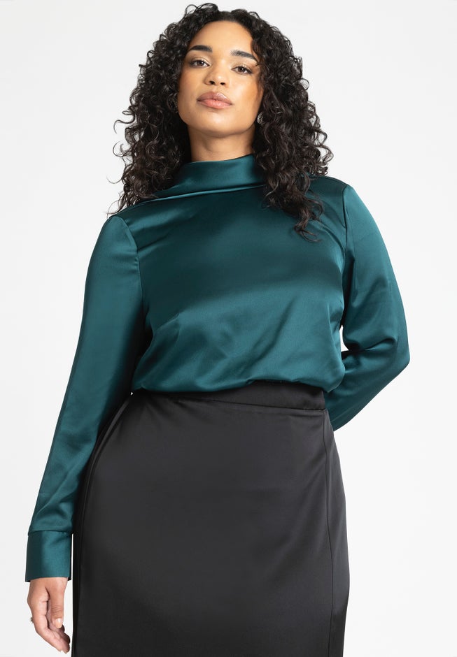 Strong Shoulder Draped Back Satin Blouse image number 0