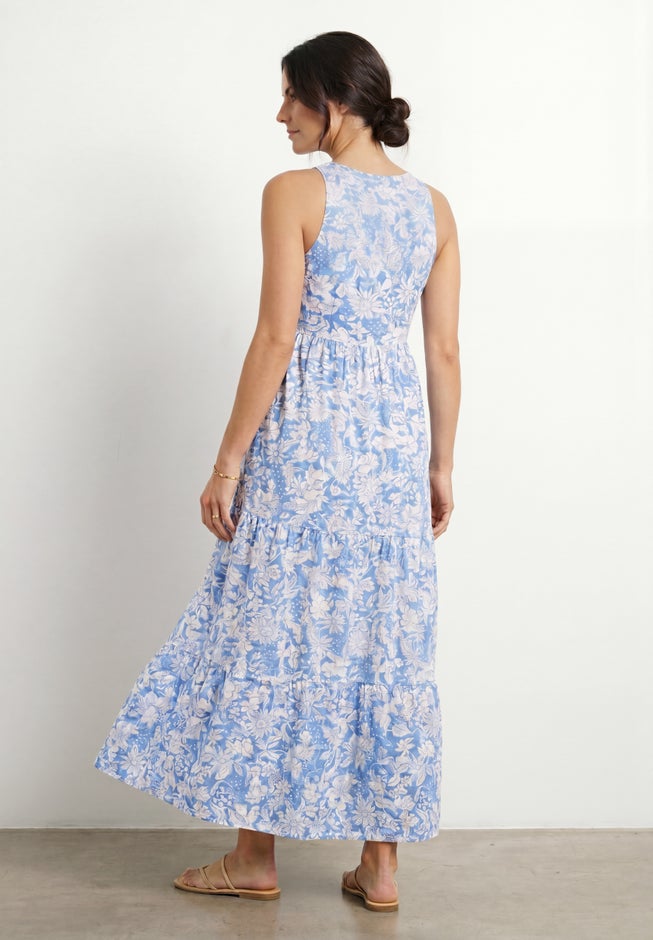 Stretch Jersey Knit A-Line Scoop Neck Sleeveless Tiered Maxi Dress image number 1