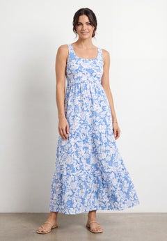 Stretch Jersey Knit A-Line Scoop Neck Sleeveless Tiered Maxi Dress
