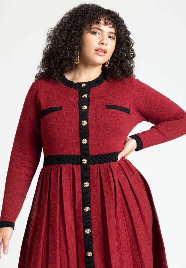 Sweater Pleated Skirt Dress With Gold Buttons image number null