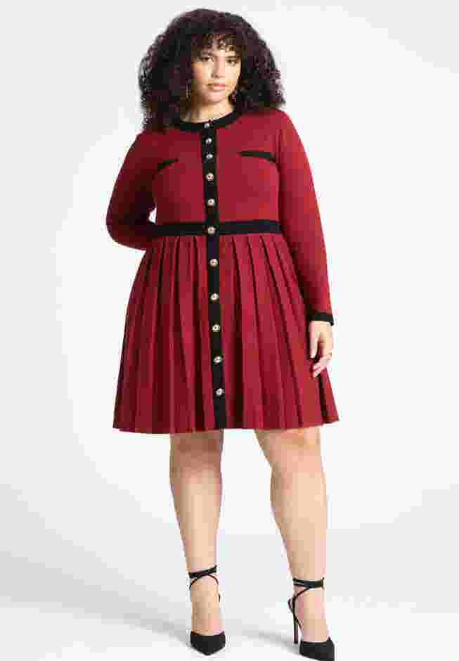 Sweater Pleated Skirt Dress With Gold Buttons image number 0