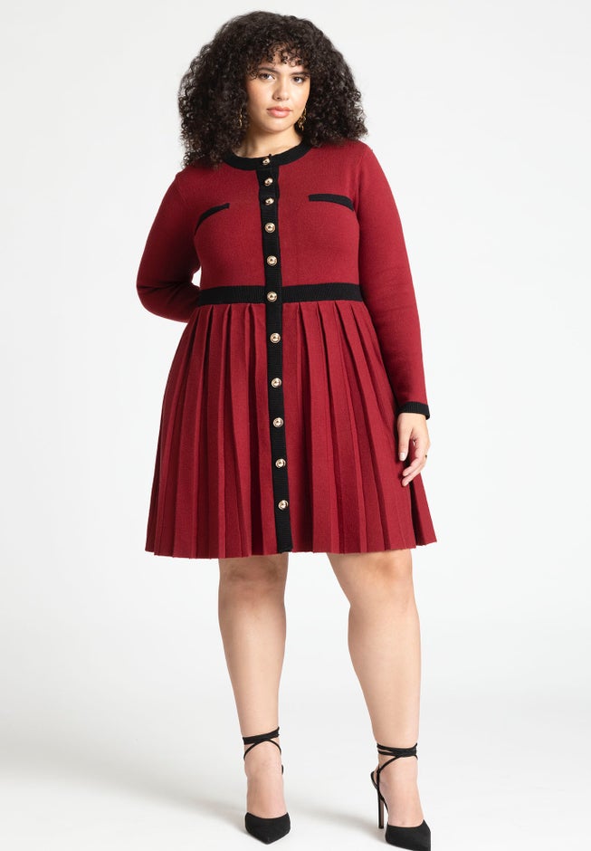Sweater Pleated Skirt Dress With Gold Buttons image number null