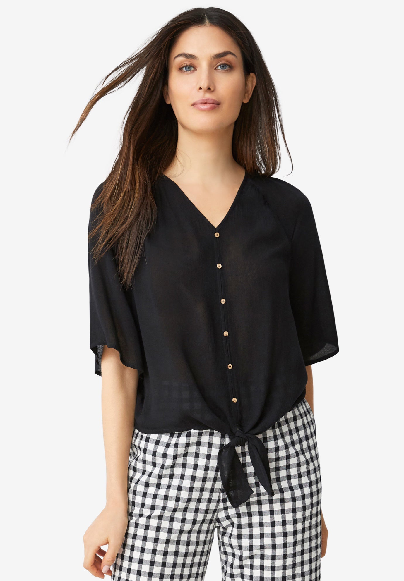 V-Neck Crinkle Tie-Front Elbow-Sleeve Blouse image number 0