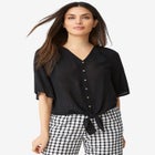 V-Neck Crinkle Tie-Front Elbow-Sleeve Blouse image number 0