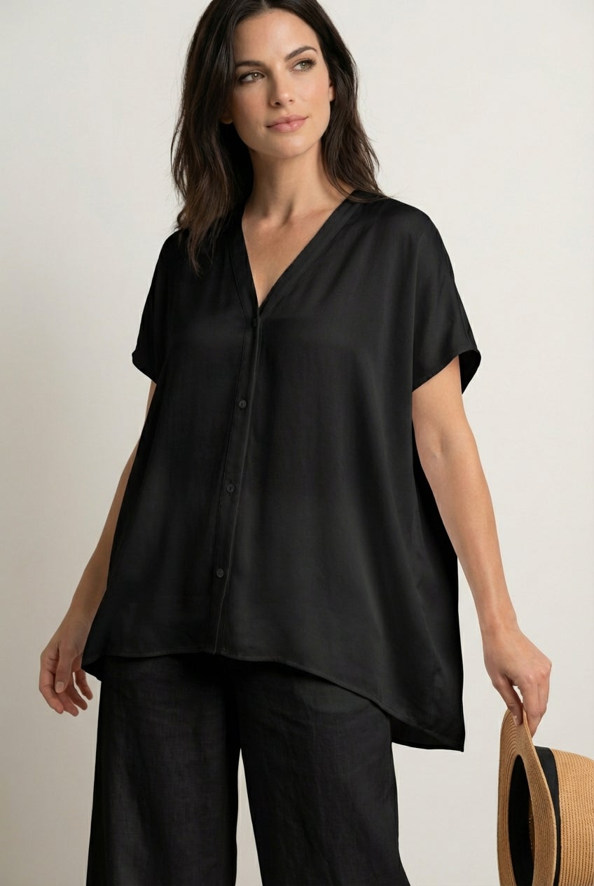 Linen-Blend V-Neck Button-Front Dolman Sleeve Oversized Tunic image number 0