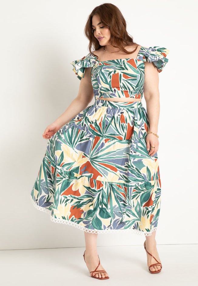Ruffle Sleeve Printed Crop Top image number null